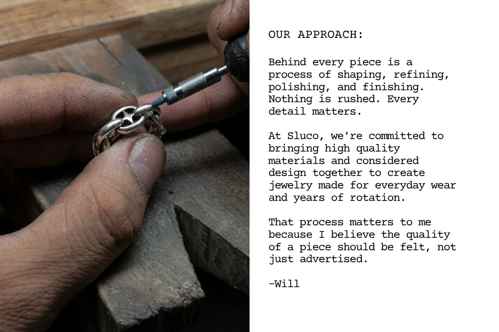 A split image showing a close-up of hands crafting a silver ring on a wooden bench alongside a text panel detailing the brand's approach to jewelry making and customer satisfaction.