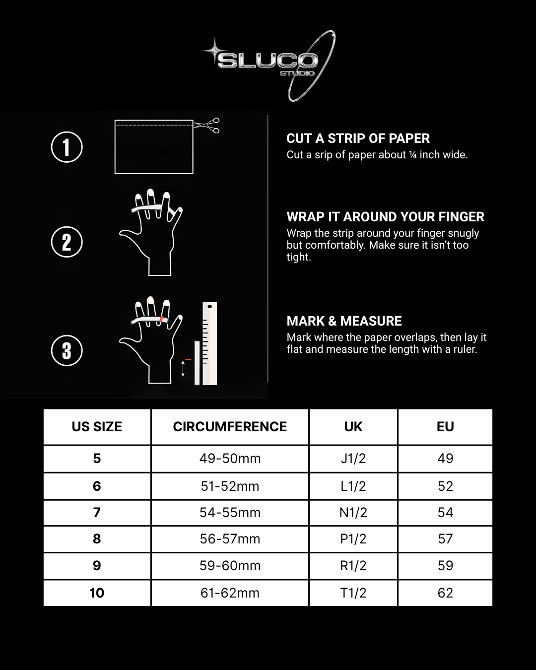 A black informational graphic for Sluco Systems showing how to measure finger wrap size with three illustrated steps and a size conversion table listing US, UK, and EU measurements.